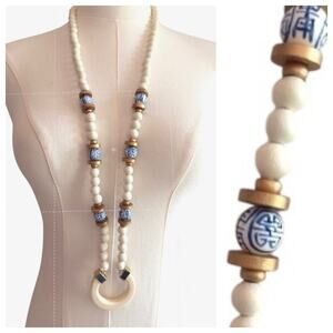 Boho Chinoiserie Long Beaded Necklace White Bone-Look Beads Blue Porcelain